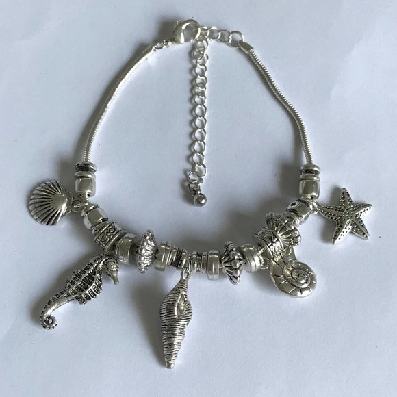 Seahorse Sea Life Charm Bracelet Shells Silver Plated Island 8-11" Plus Size - Picture 4 of 10